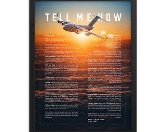 C-17 sunset, framed and ready for hanging. With Tell Me How description of military flight.