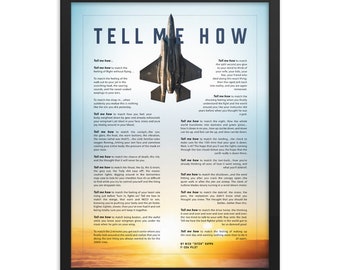 F-35A with blue sky with Tell Me How description of military flight. Framed and ready for hanging.