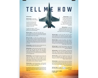 F-18 Hornet against a blue sky with the Tell Me How description of flight. This is a museum quality poster on ultra premium  luster photo p