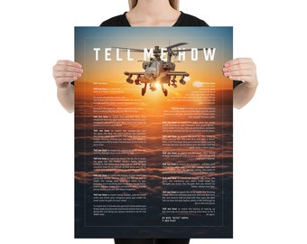 Apache helicopter with the Tell Me How description of flight. This is a museum quality poster on ultra premium  luster photo paper.