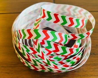 Cinta Grosgrain de 3/8" (4 yardas) - Chevron Rojo/Verde