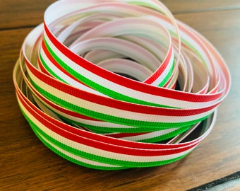 Cinta Grosgrain de 3/8" (4 yardas) - Rayas rojas/verdes/blancas