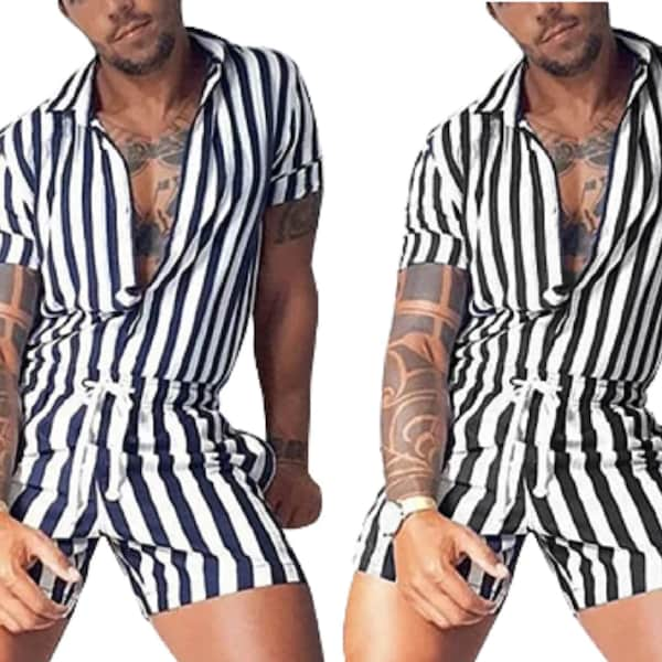 Mens Striped Jumpsuit Comfortable One Piece Shorts Drawstring Streetwear Casual Festival Party Clubbing Photoshoot