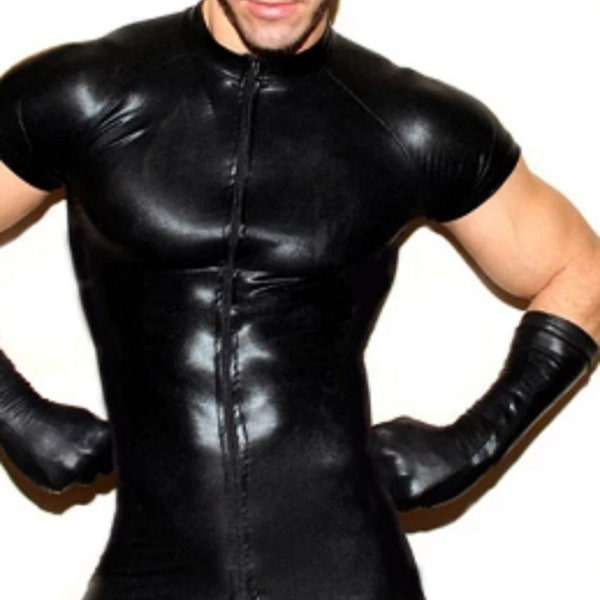 Harnais homme Wet Look Latex Cat Suit Cuir Comme Faux Bodysuit Fetish Front Zipper Club porter Erotic Lingerie Bondage