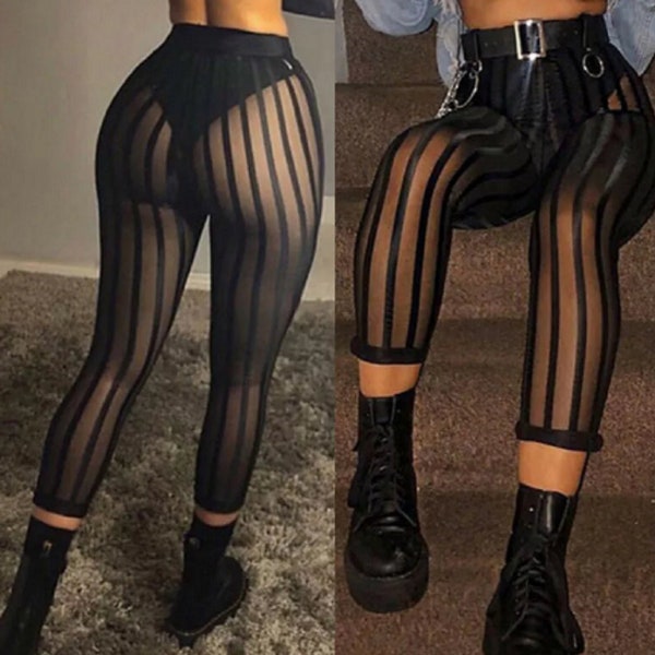 Striped See Through Leggings Party Mesh Perspective Women Clubbing Workout High Waist Female Fitnes Trousers Bodybuding Women Jeggings