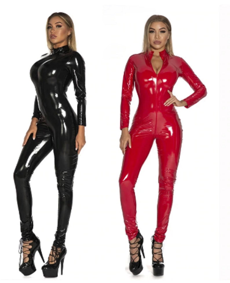 Wet Look Latex Cat Suit Leather Like Faux Bodysuit Fetish Front Zipper Clubwear Erotic Ling erie Bondage 