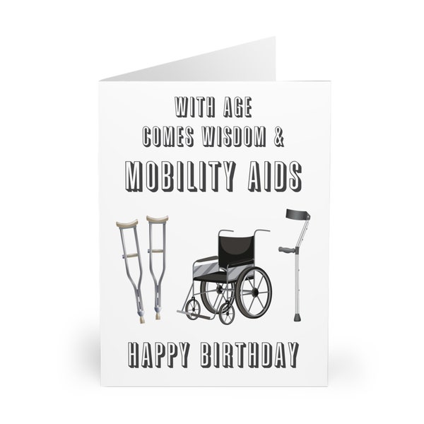 Age and Wisdom Humour Birthday Card with Walking Frames and Wheelchair - Funny Happy Birthday Card for Him or Her