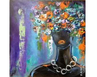 Black Woman Painting Original Art Canvas African American Art 12 by 12" Faceless Portrait Art Flowers Woman Painting by Viktoria Latka