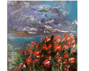 Poppies Painting Original Art Flowers Painting Mountains Painting Floral Abstract Art Square 8 by 8" Landscape Painting  by Viktoria Latka