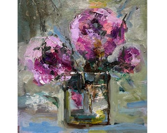 Peony Oil Painting: Original Art 8x10" Textured Flowers, Floral Still Life Artwork
