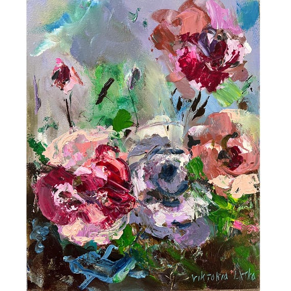 ポピーの油絵：オリジナルのテクスチャードフローラルアート 8x10