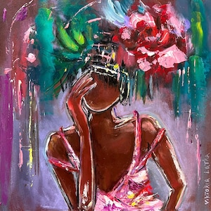 African American Art Original Painting Black Woman Art Flowers Art 10 by 10&quot; Faceless Woman Painting Figurative Artwork  by Viktoria Latka