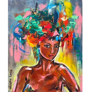 Woman Painting Original Art Woman Face Artwork Colorful Portrait Woman Art 8 by 10&quot; Flowers Painting Figurative Painting by Viktoria Latka