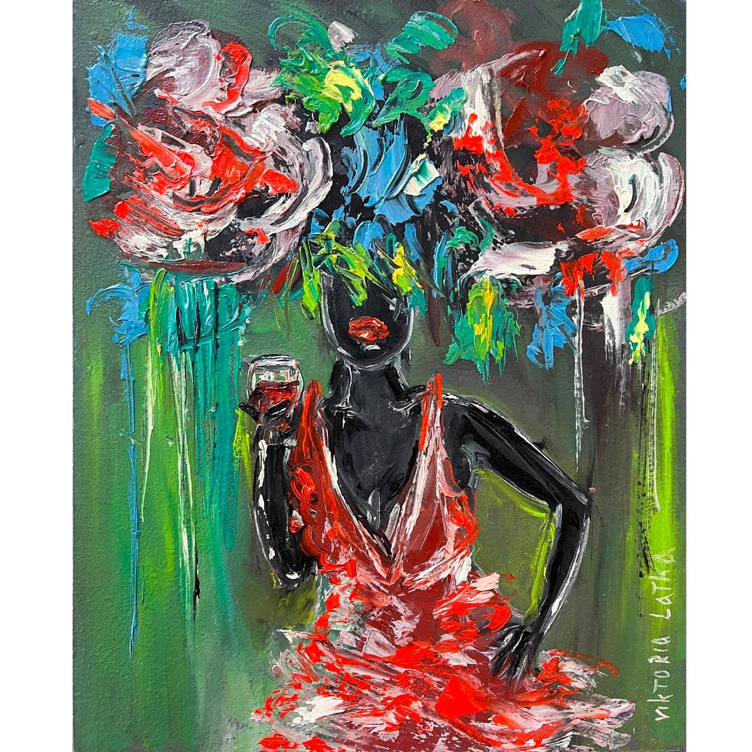 Black Woman Painting Original Art Big Flowers Painting Wine Painting ...