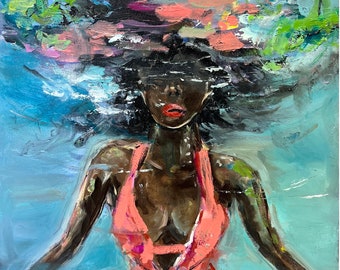Woman Painting Original Art African American Art Underwater Painting Swimmer Painting 10 by 10" Portrait Woman Art by Viktoria Latka