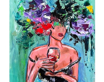 Woman Painting: Original Oil Art 10x12" Faceless Portrait with Wine and Flowers Artwork