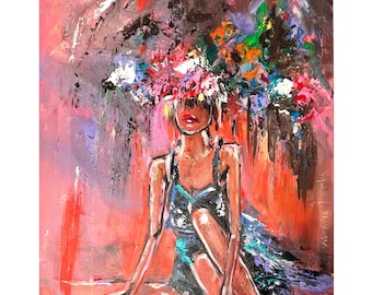 Woman Painting: Original Oil Art on Canvas, Floral Portrait Artwork 13x16" Colorful Figurative