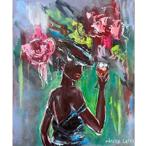 Black Woman Painting Original Art Textured Figurative Art Wine Painting Flowers Woman Art 10 by 12&quot; African American Art by Viktoria Latka