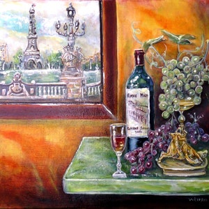 Paris Painting Original Art Canvas Still Life Painting Wine Painting Grapes Painting 18 by 21&quot; Detailed Artwork by Viktoria Latka
