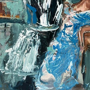 May include: Abstract painting with a palette of blues, whites, and browns. The artwork features thick brushstrokes and a textured appearance. The composition includes a central, dark shape with white accents and a splash of blue.