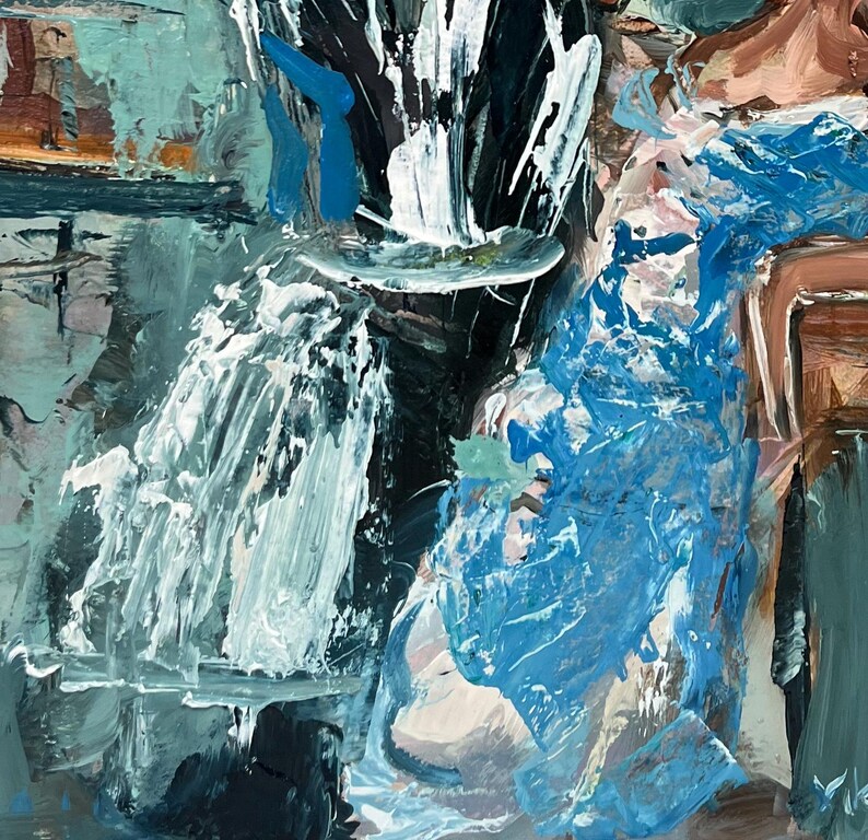May include: Abstract painting with a palette of blues, whites, and browns. The artwork features thick brushstrokes and a textured appearance. The composition includes a central, dark shape with white accents and a splash of blue.