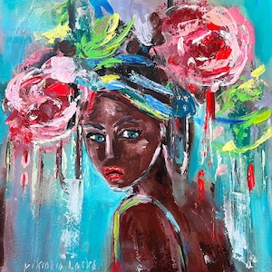 Woman Painting Original Art African American Art Textured Rose Painting Flower Woman Art 10 x 10&quot; Portrait Woman Painting by Viktoria Latka