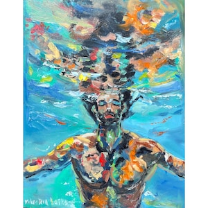 Man Painting Original Art Swimmer Painting Male Portrait Artwork Body Painting 8 by 10&quot; Underwater Painting Figurative Art by Viktoria Latka