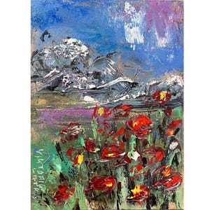 Poppies Painting Original Art Flowers Painting Wildflower Painting Mountains Painting 6 by 8&quot; Landscape Art Floral Artwork by Viktoria Latka
