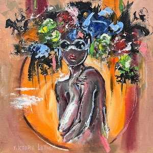 Woman Painting Original Art Canvas African American Art Flower Painting 12 by 12&quot; Black Woman Painting Figurative Painting by Viktoria Latka