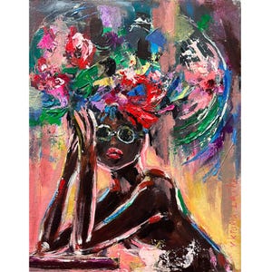 Woman Painting Textured Original Art Flowers Painting Black Woman Art 10 by 8&quot; African American Art Figurative Painting by Viktoria Latka