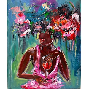 Black Woman Painting Original Art African American Art Wine Painting Faceless Portrait Painting Flowers Woman Painting by Viktoria Latka