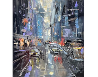 絵画　街並み 雨のニューヨーク市油絵：オリジナルの都市景観アート（8x10
