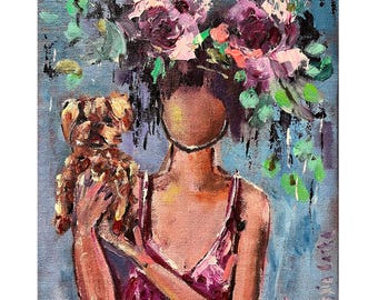 Woman, Dog & Flowers Painting: Original Oil Art on Canvas 8x10" Abstract Faceless Portrait Artwork