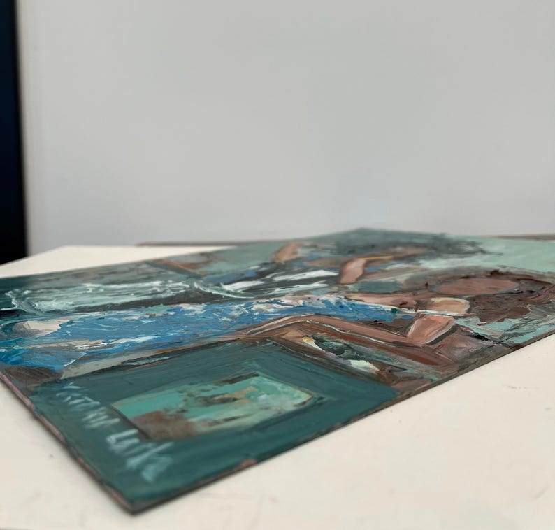 May include: An abstract painting with thick brushstrokes. The artwork features a palette of blues, greens, and browns, creating a textured surface. The composition includes rectangular and organic shapes, suggesting a landscape or interior scene.