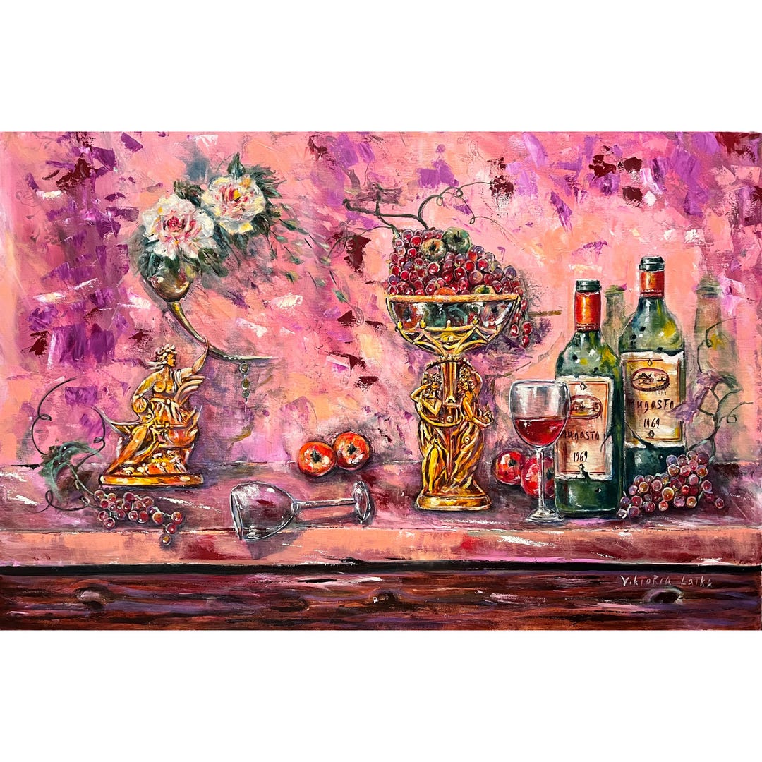 Wine Still Life Painting: Original Oil Art on Canvas 23x36" Fruits ...