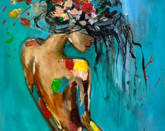 Peinture femme originale portrait art femme Gerbera peinture 10 x 10" peinture figurative fleurs femme art par Viktoria Latka