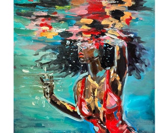Femme, peinture originale, art africain-américain, peinture sous-marine, nageur noir, peinture figurative 12 x 10 po par Viktoria Latka
