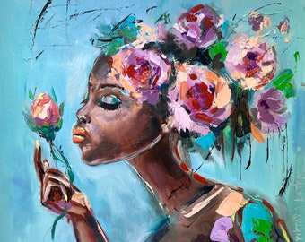 Black Woman Painting Original Art Woman Face Artwork  Rose Painting Flowers Painting by 10 by 12" African American Art by Viktoria Latka