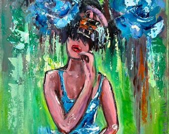 Woman Painting: Original Oil Art, Floral Figurative 10x10" Textured Faceless Portrait with Hydrangea Artwork