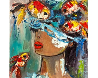 Woman Painting: Original Oil Art, Faceless Portrait and Goldfish Art 8x10" Surrealist Textured Artwork