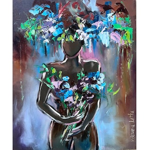 Black Woman Painting Original Art Flowers Painting Faceless Woman Art 10 by 12&quot; African American Art Figurative Painting  by Viktoria Latka