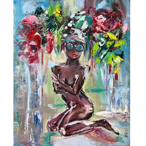 Woman Painting Original Art Flowers Woman Art African American Art Body Woman Painting 16 by 13&quot; Black Woman Artwork by Viktoria Latka