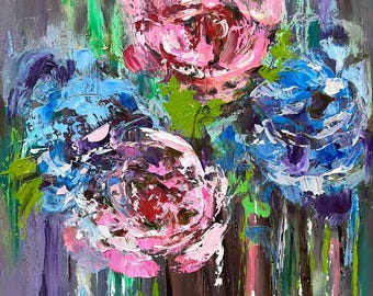 Hydrangea Painting: Original Oil Art, Textured Flowers Artwork 12x12" Floral Still Life