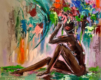 Femme noire, peinture originale, art afro-américain, peinture de fleurs 10 x 12 po, portrait sans visage, peinture figurative, par Viktoria Latka