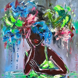 Black Woman Painting Textured Original Art Faceless Portrait Art Flowers Art African American Art 10 by 10&quot; Figurative Art by Viktoria Latka