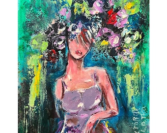 Woman with Flowers Painting: Original Oil Art 8x10" Colorful Figurative Art