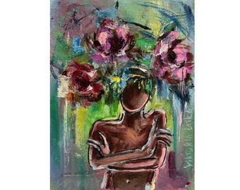 Peinture originale de femme noire fleurs oeuvre pivoines peinture femme sans visage toile d'art 7 par 5" Art afro-américain par Viktoria Latka