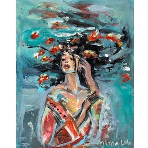 Underwater Woman & Goldfish Oil Painting: Original Art 8x10" Surreal Figurative Art