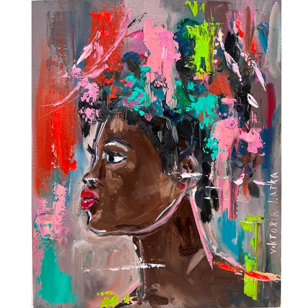 Schwarze Frau Gemälde Original Kunst Frau Gesicht Kunst African American Art Frau Portrait Art 10 von 8 "Blumen Frau Gemälde von Viktoria Latka