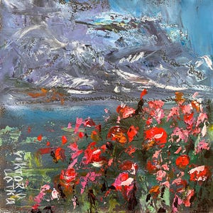 Poppies Painting Original Art Flowers Painting Mountains Painting Floral Abstract Art Square 8 by 8&quot; Landscape Painting  by Viktoria Latka